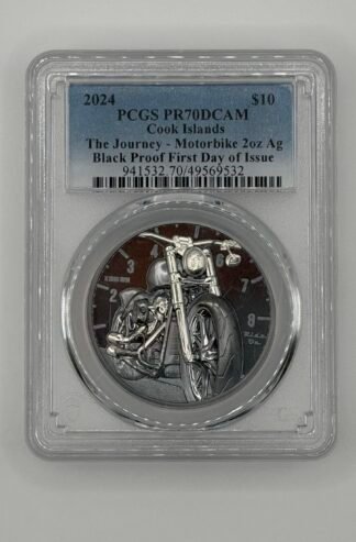 PCGS PR70DCAM 2024 Cook Islands 2 oz Silver Motorbike Black Proof