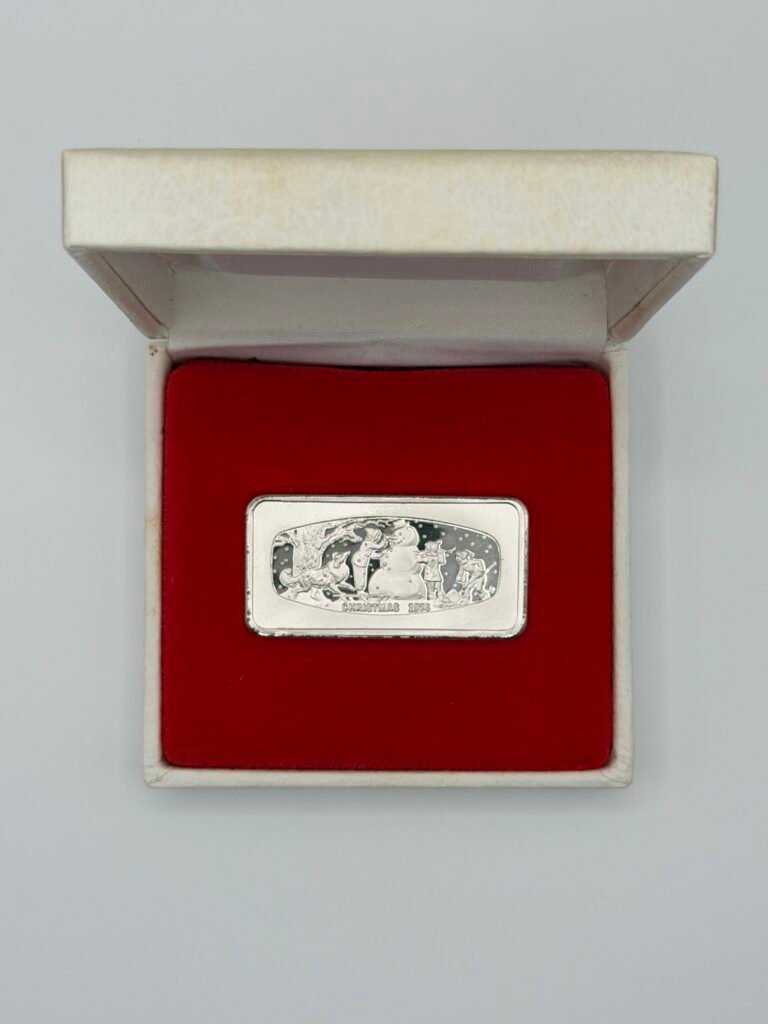 1974 Christmas Frosty Snowman Franklin Mint 925 Sterling Silver Art Bar with Box and COA