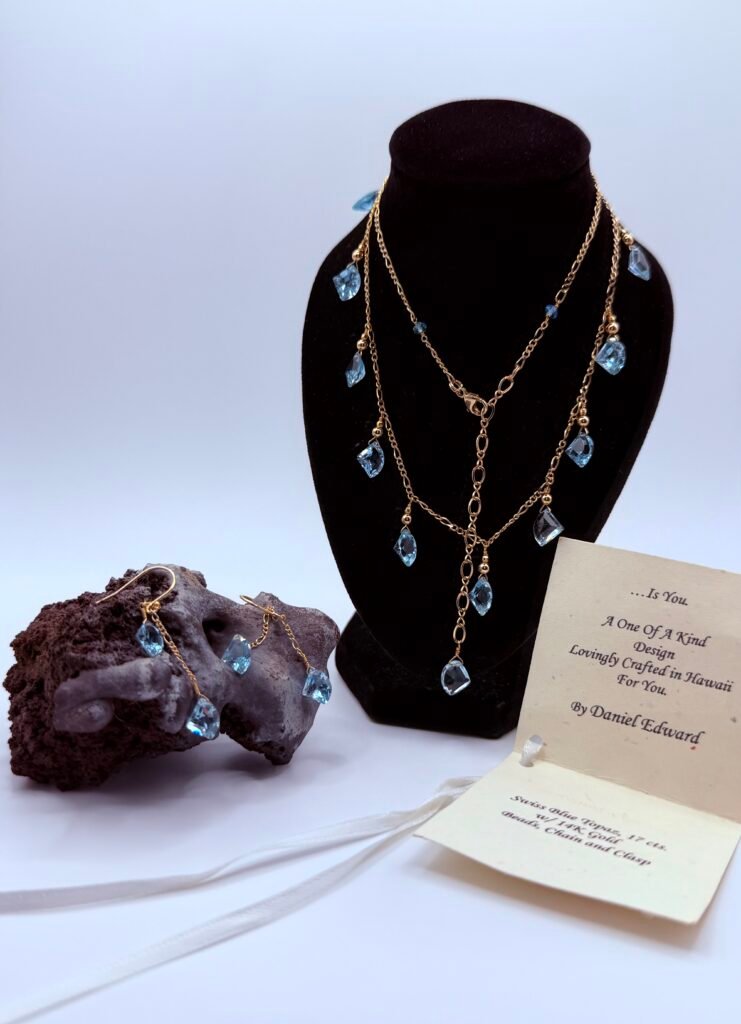 Natural Swiss Blue Topaz (17 cts.) Necklace Solid (14k) gold and Earrings (5.6 cts.) Custom Set (Made In Hawaii - Daniel Edwards Robkovitz)