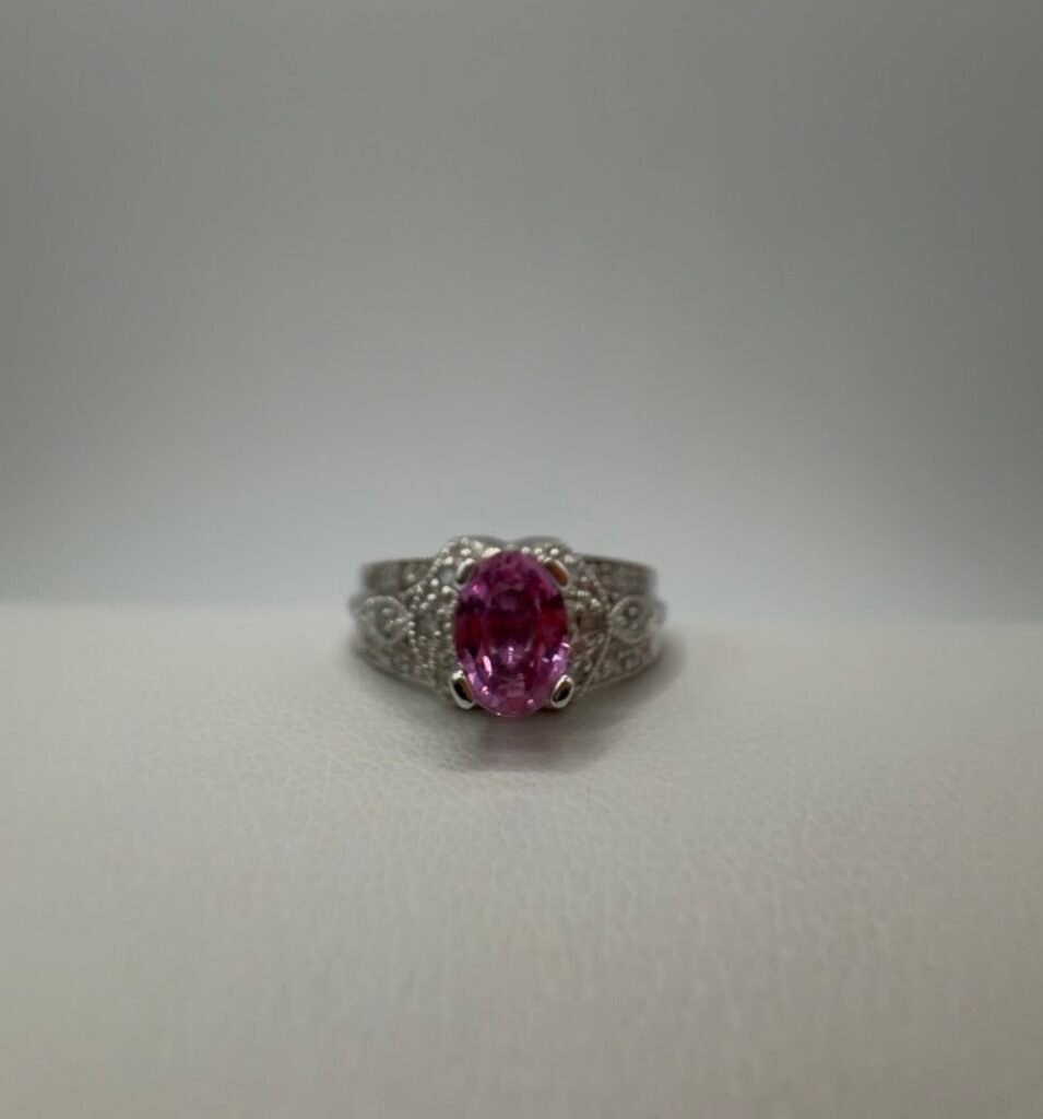 Pink Sapphire (One Carat) and Natural Diamond 14k Ring