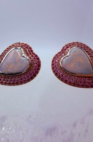 (Emily p Wheeler) Natural Opal and Vivid Pink Ombre Sapphire - Heart Shaped Piece Unique Earrings