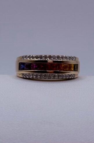 Natural Rainbow Sapphire and Diamond Ring 14k Yellow
