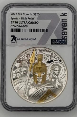 (NGC) 2023 PF70 ULTRA CAMEO Cook Is Gilt 3 oz Silver Sparta $20 Coin (Low Mintage of 888 Coin's)