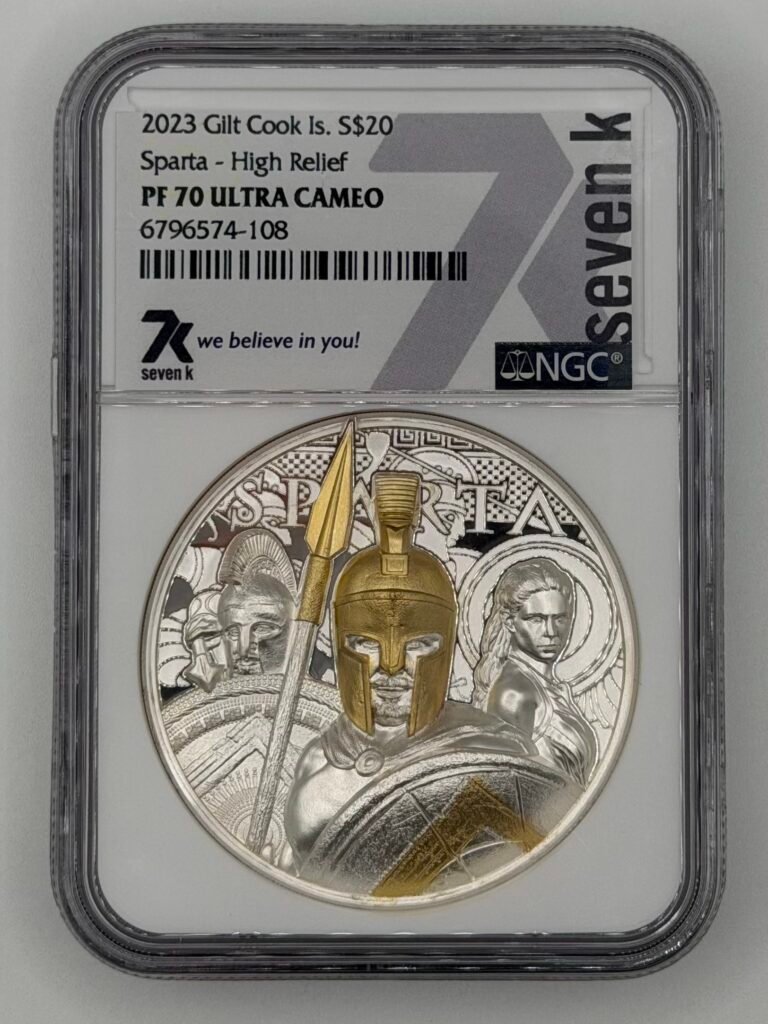 (NGC) 2023 PF70 ULTRA CAMEO Cook Is Gilt 3 oz Silver Sparta $20 Coin (Low Mintage of 888 Coin's)