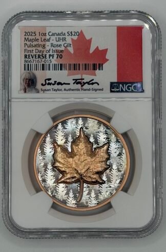 2025 Canada $20 Gilt Maple Leaf UHR .9999 Silver Coin NGC Reverse PR70 FDOI