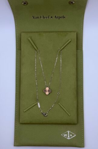 (Van Cleef & Arpels) 18K White and Rose Gold Diamond Guilloche Vintage Alhambra Necklace With Packaging and COA
