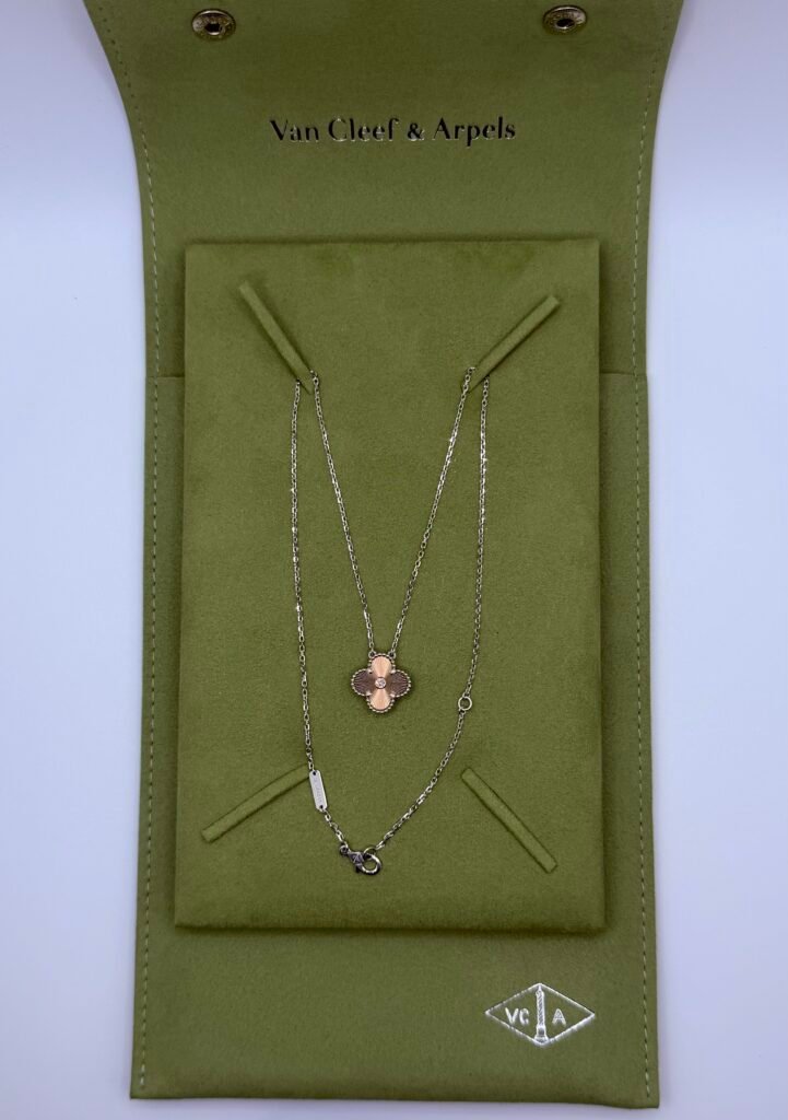 (Van Cleef & Arpels) 18K White and Rose Gold Diamond Guilloche Vintage Alhambra Necklace With Packaging and COA