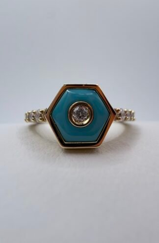 (MISENO) Baia Sommersa 18K Yellow Gold Diamond Turquoise Ring (Size 6.75) (.39 Carat Total Natural Diamond Weight) with (Box and COA)