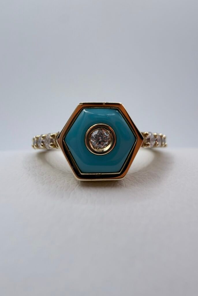 (MISENO) Baia Sommersa 18K Yellow Gold Diamond Turquoise Ring (Size 6.75) (.39 Carat Total Natural Diamond Weight) with (Box and COA)