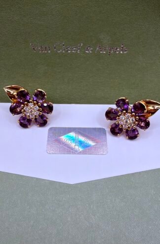 (Van Cleef & Arpels) Fleurs d’Hawaï earrings-Amethyst-Diamond-18K Yellow Gold with Pouch and COA