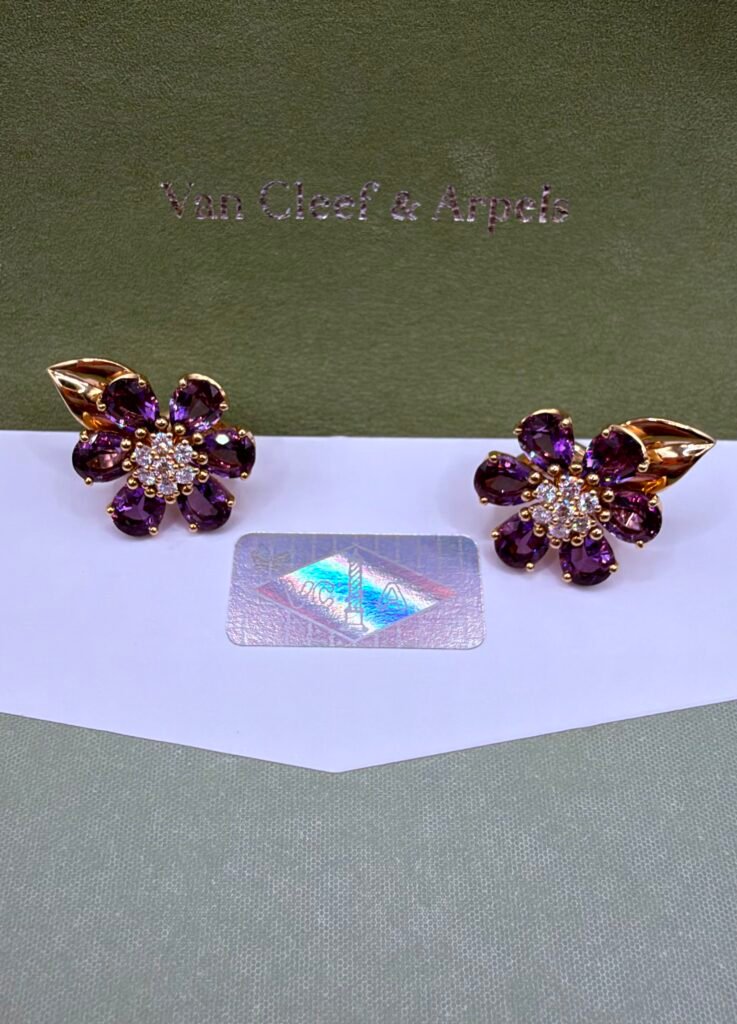 (Van Cleef & Arpels) Fleurs d’Hawaï earrings-Amethyst-Diamond-18K Yellow Gold with Pouch and COA