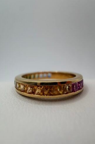 (18k Rose Gold) Rainbow Channel Set Sapphire Eternity Band (Size 6.75)