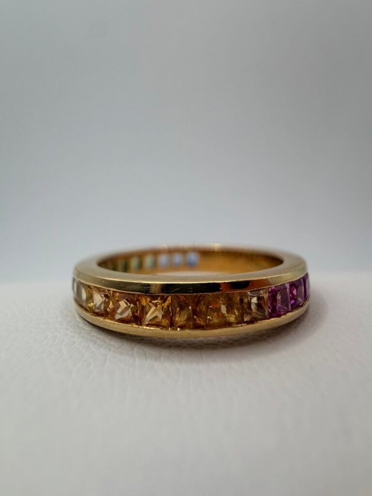 (18k Rose Gold) Rainbow Channel Set Sapphire Eternity Band (Size 6.75)